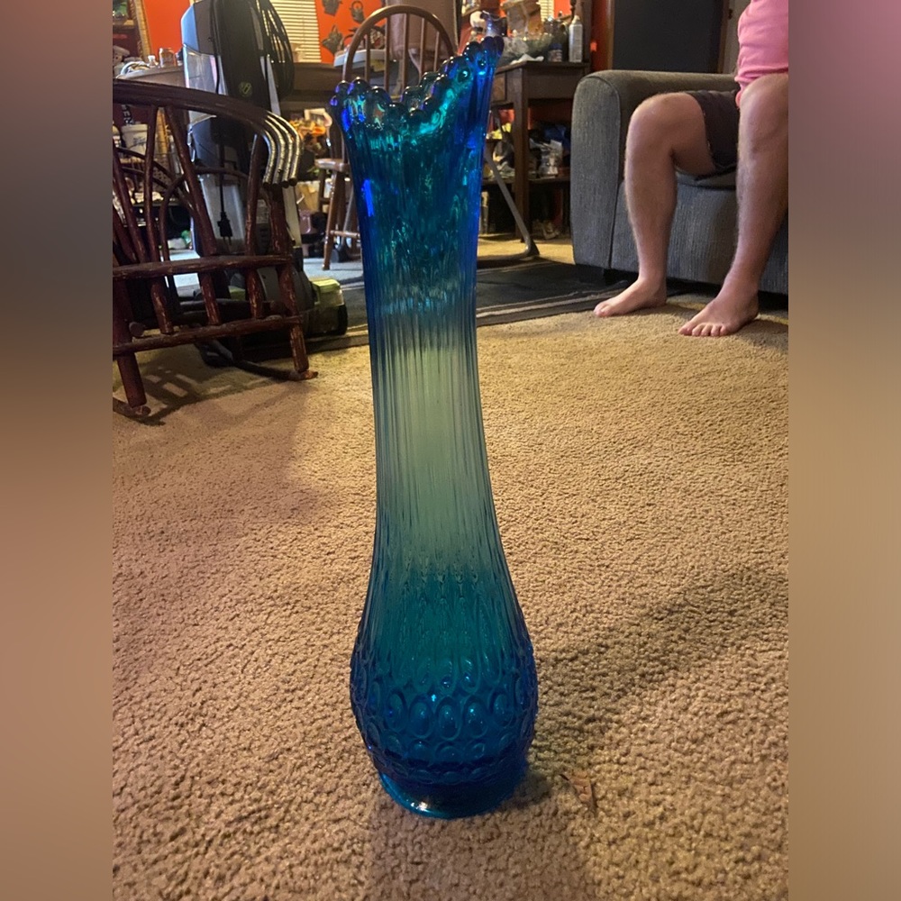 Mid Century Modern Tall Blue Thousand Eye Glass Swung Vase by Le Smith